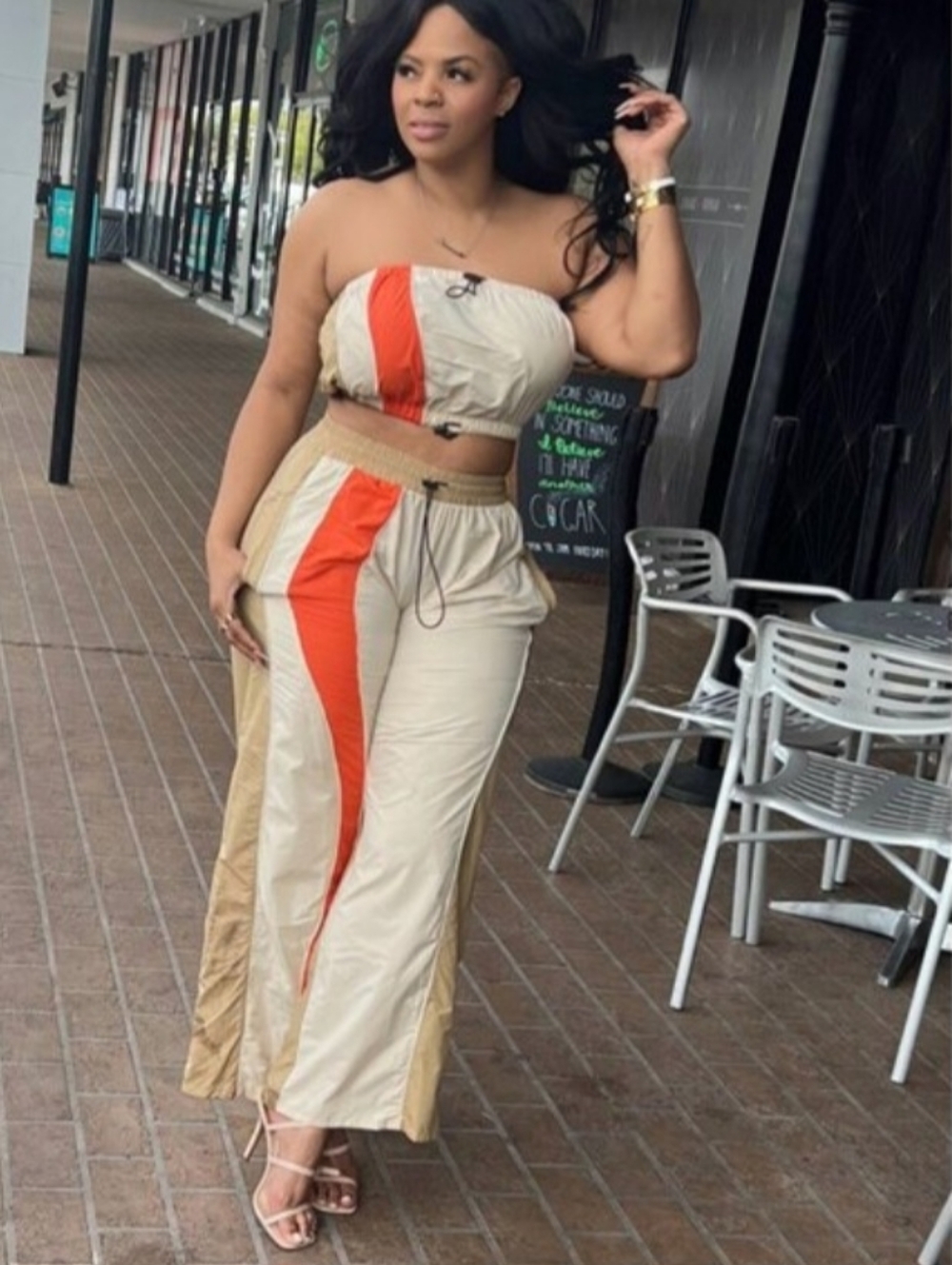 Fashion Nova Tan and Orange Track Suit